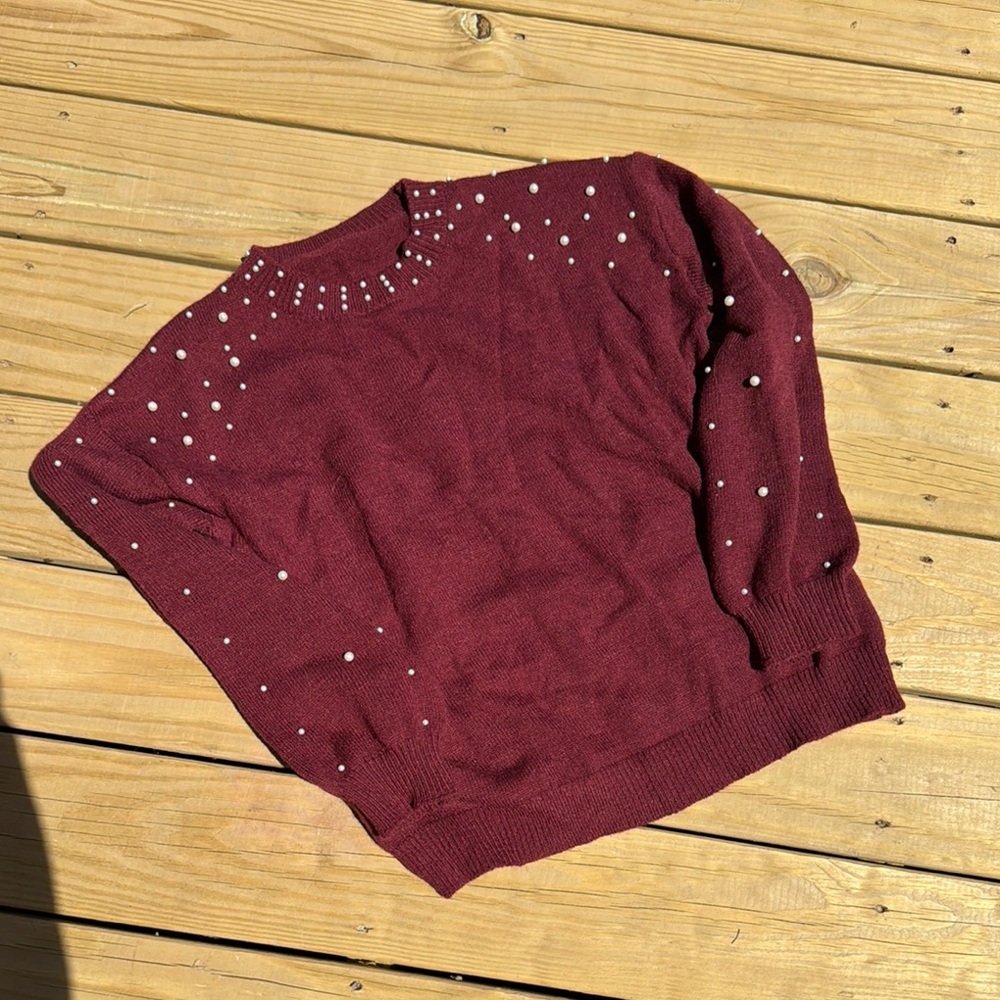 Women's Burgundy Sweater with Pearl Accents